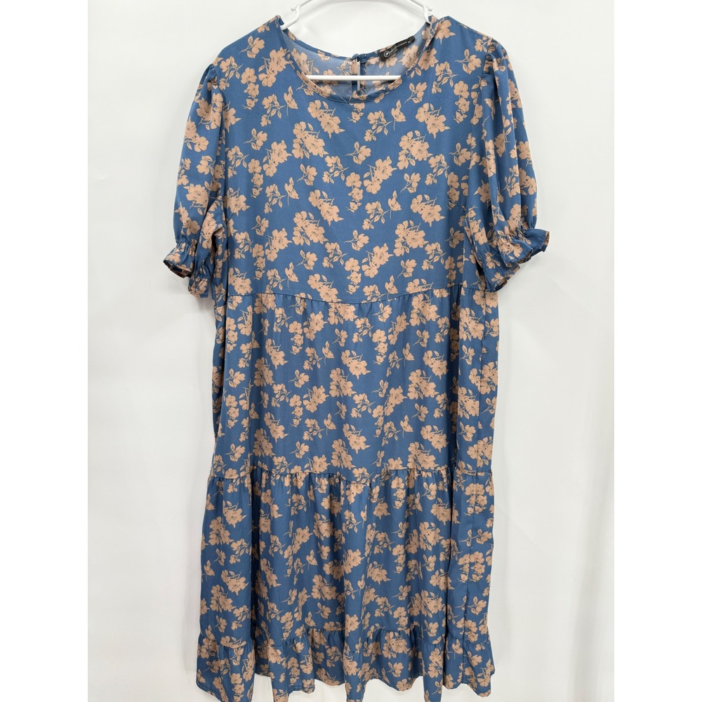 PrettyGarden XL Midi Dress Womens Blue Tan Floral Tiered Puff Sleeve Babydoll